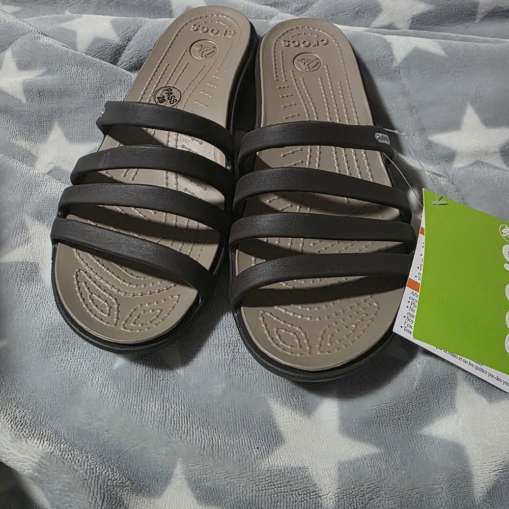 CROCS Women's Black Strappy Slide Sandals with Tan Footbed